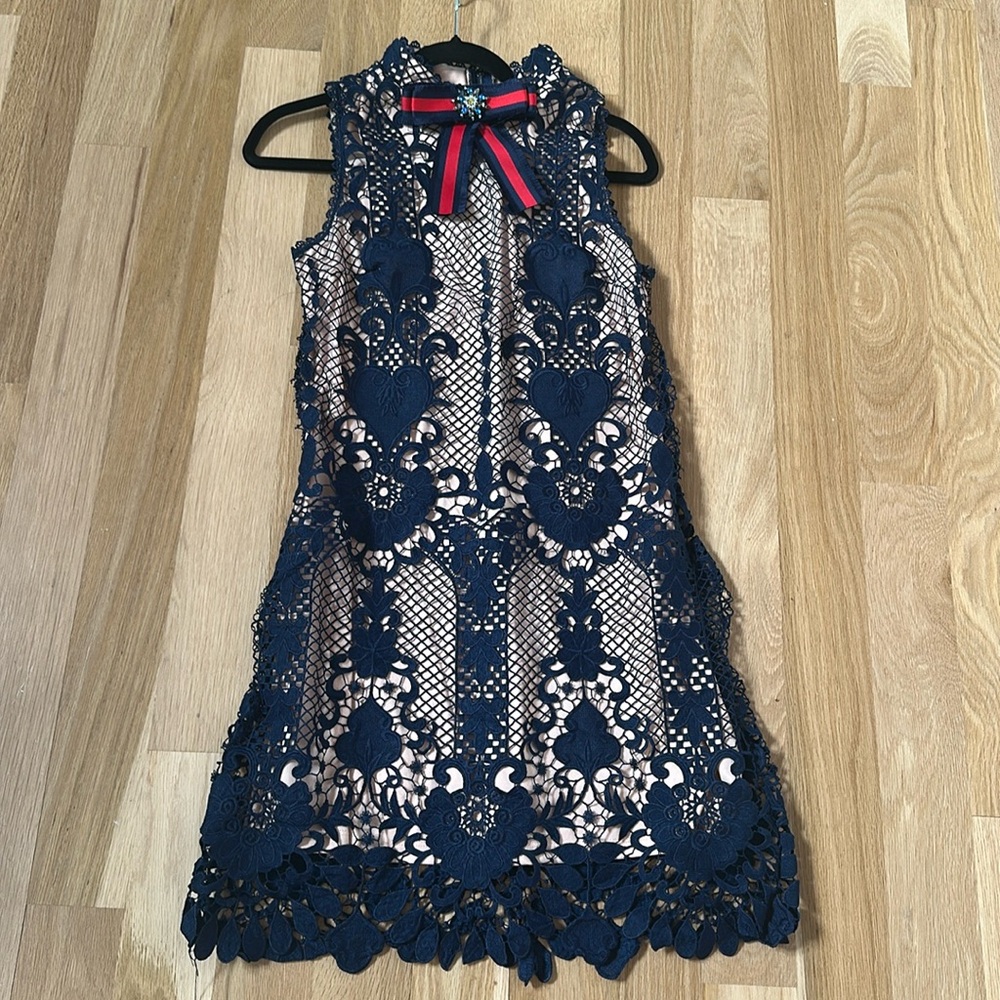 Akira Navy Lace Overlay Dress with Red Bow
